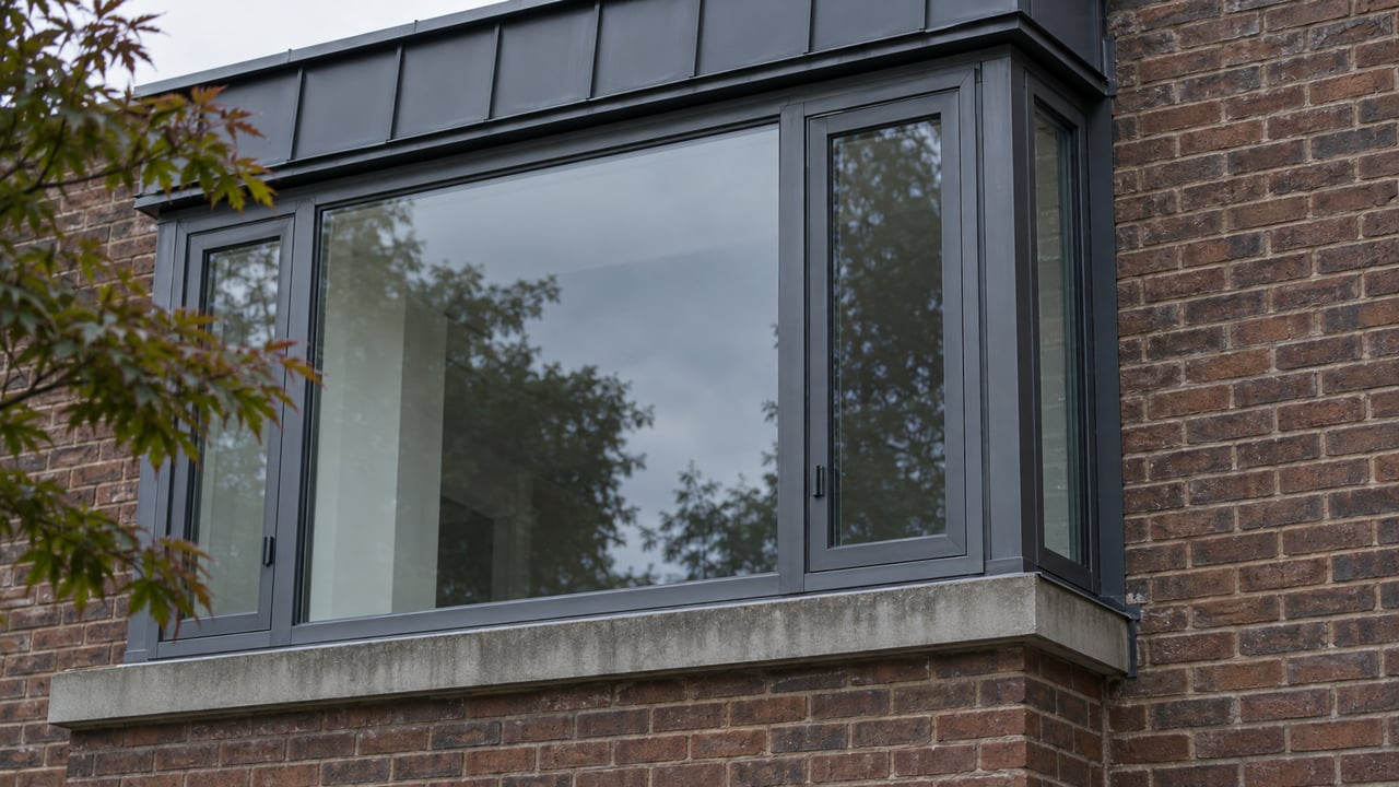 Projecting steel-framed glass bay window set in dark red-brown brick, with a green branch at left.
