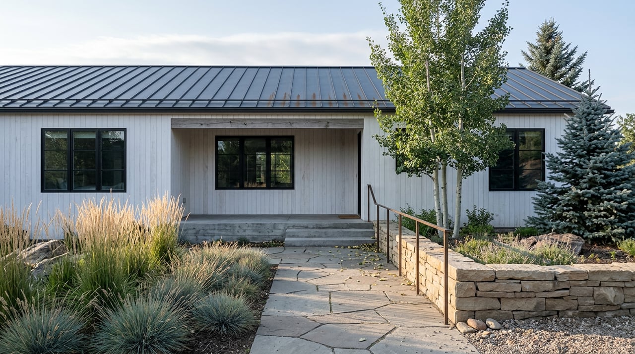 Contemporary white-shiplap home with black-framed windows beyond a flagstone path, native grasses, and a stone retaining wall.
