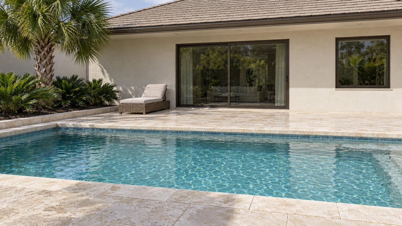 A limestone terrace and blue-green residential pool face a white stucco home with bronze-framed glass doors and a curated palm planting.
