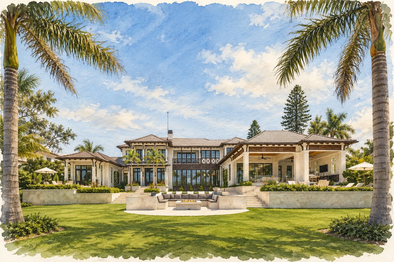 Large tropical home with a palm-framed lawn and furnished outdoor patio.