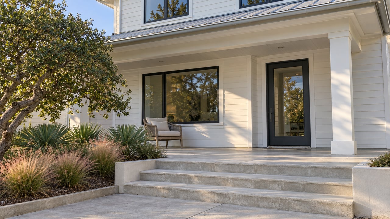 White coastal-style home's covered porch with dark-framed glazing, pale steps, a woven chair and sculptural native planting.