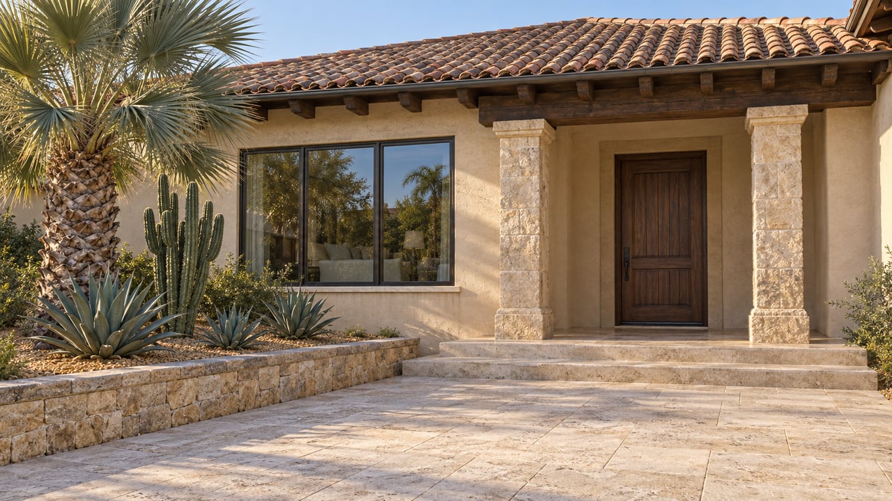 Sunlit sand-colored stucco home with a clay-tile roof, stone-columned porch, travertine approach and sculptural palm, cactus and agaves.