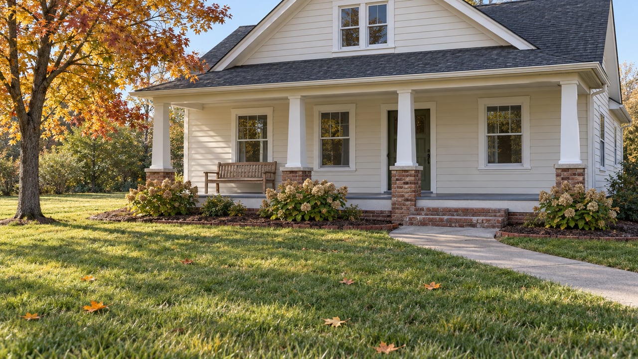 Ivory-sided home with a covered porch, deep front lawn and a golden sugar maple in morning sunlight.
