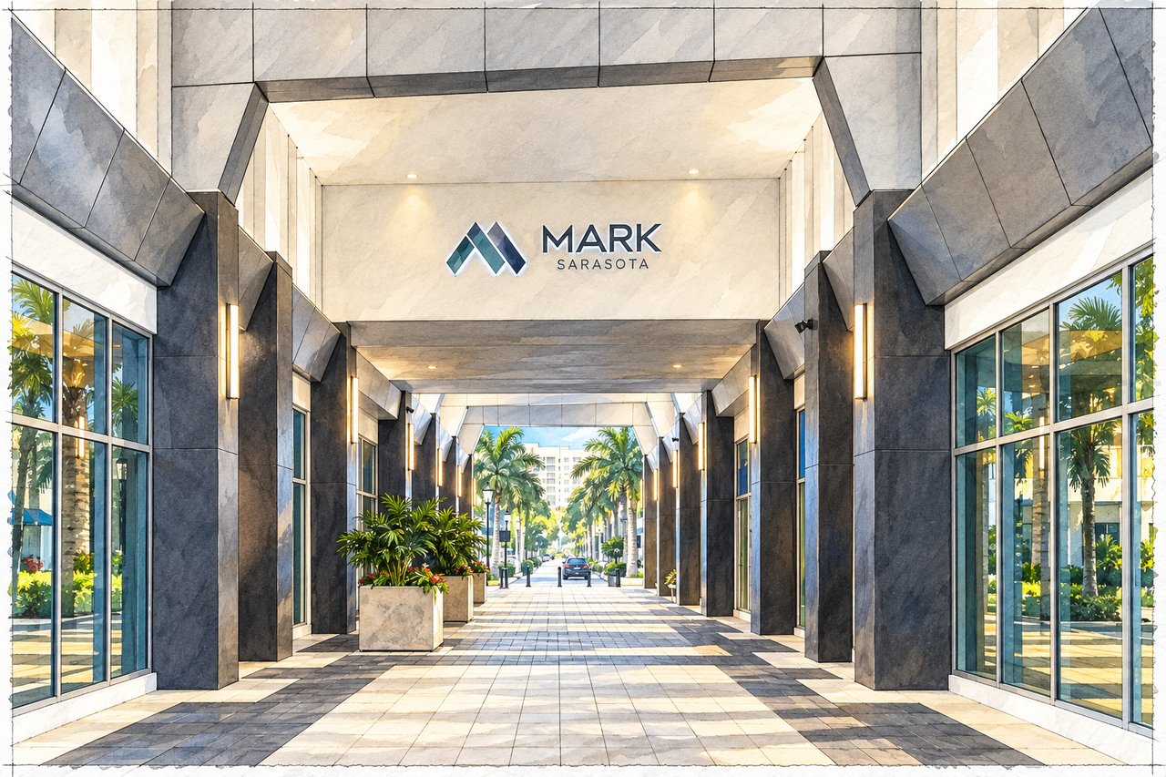 The Mark Sarasota entrance with dark stone columns and a palm-lined street beyond.