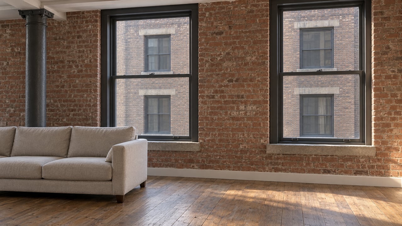 Quiet loft interior with tall dark-framed windows, aged brick, a cast-iron column, worn oak flooring, and an oatmeal sofa.