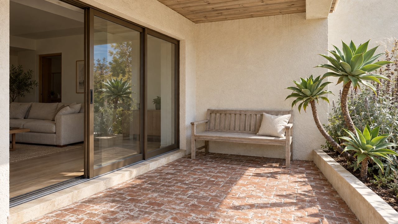 Sunlit brick terrace beside pale stucco, bronze-framed glass doors, a weathered wooden bench and a curbed bed of sculptural aloe.