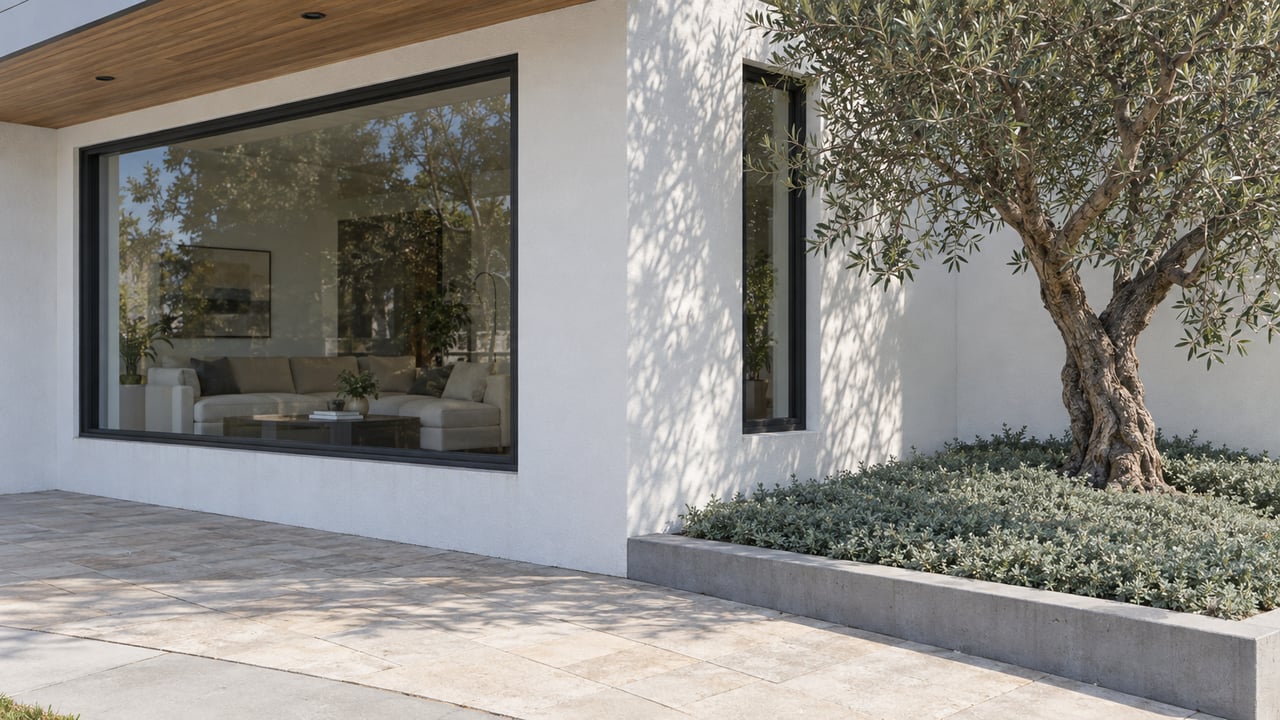White stucco house corner with dark-framed windows, an olive tree, and a raised bed of groundcover.