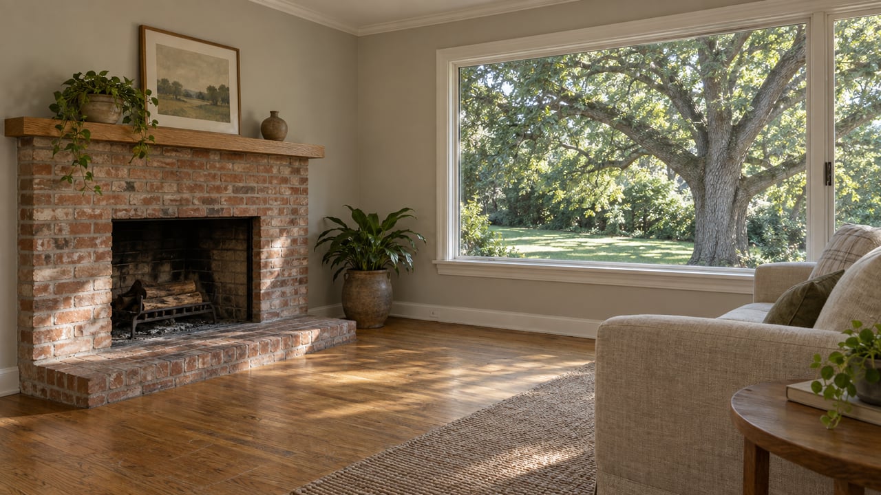 Ranch living room with a brick fireplace, linen sofa, oak floor, and a picture window overlooking a leafy tree.