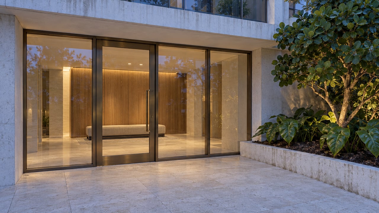 Blue-hour residential entrance with bronze-framed glass, pale limestone paving, and a curbed tropical planting bed.