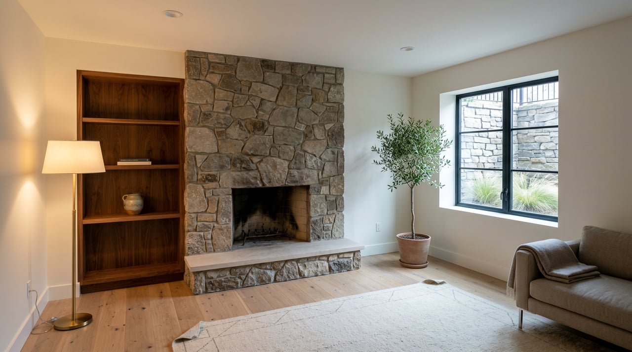 Basement family room with fieldstone fireplace, walnut shelves, black-framed window, sofa, and potted olive tree.