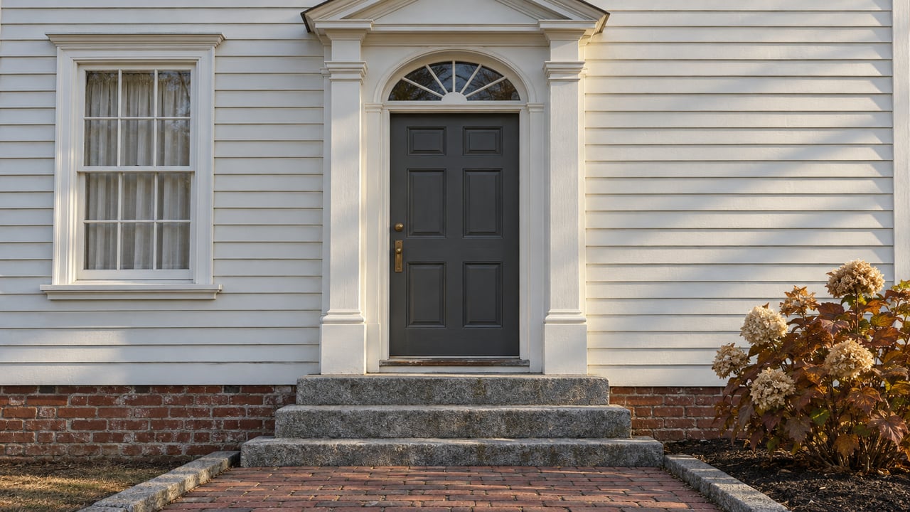Morning light across a white clapboard home's paneled entry, fanlight, granite steps and weathered brick approach.