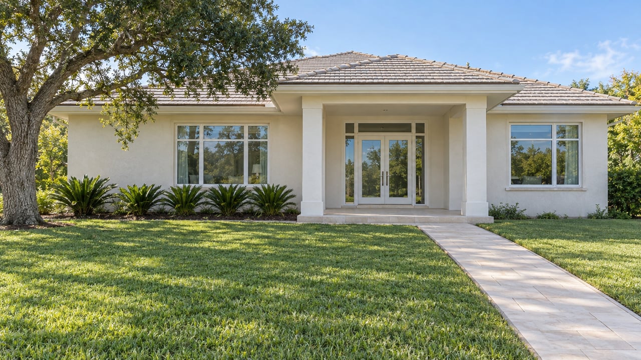 Light stucco home with a shaded veranda, glazed double entry doors, cream paver approach and broad lawn beneath a spreading live oak.
