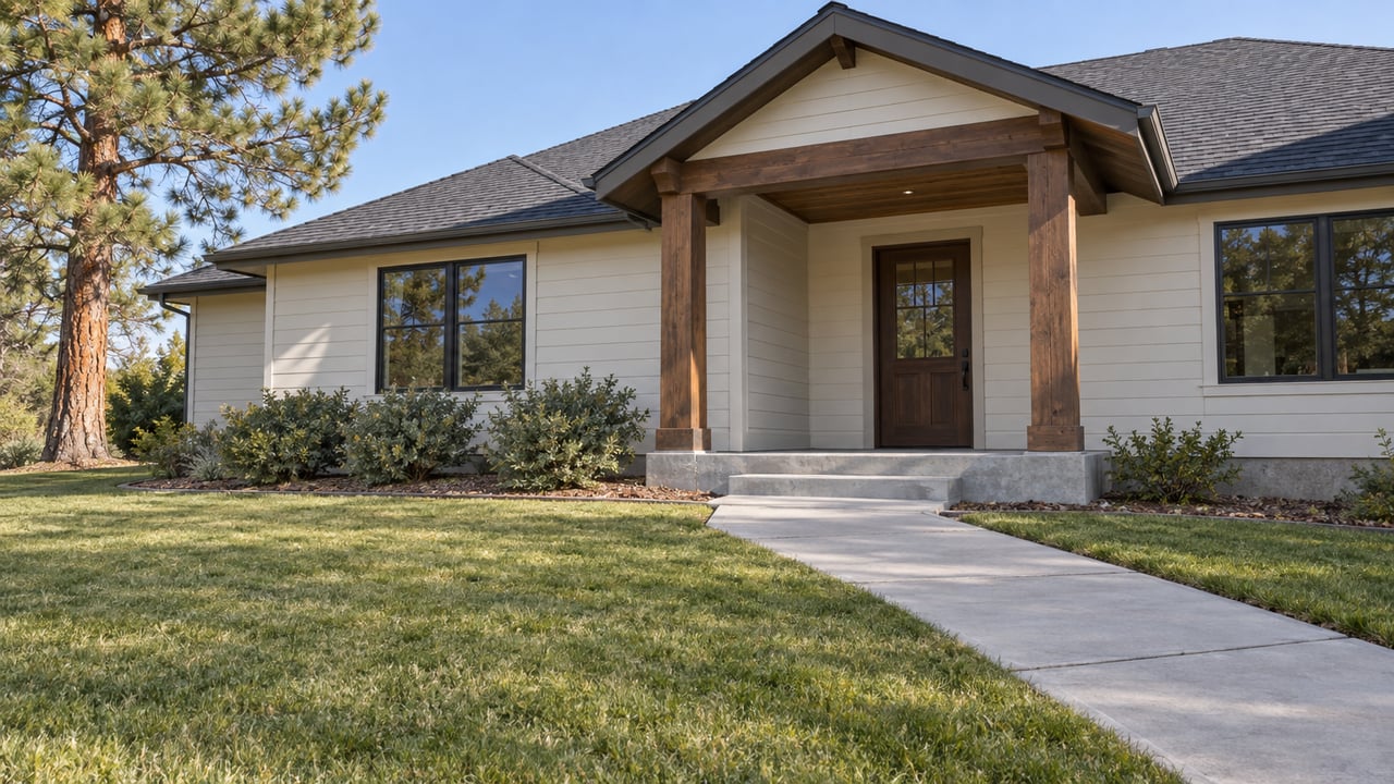 White-sided home with a timber-framed porch, wooden front door, and walkway across the lawn.