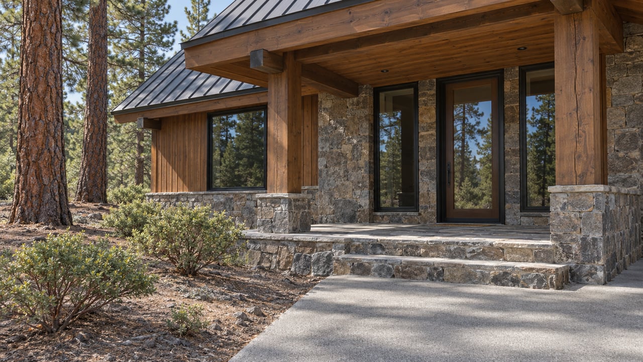 Timber and stone home entry with a covered porch, broad stone steps and mature ponderosa pines.