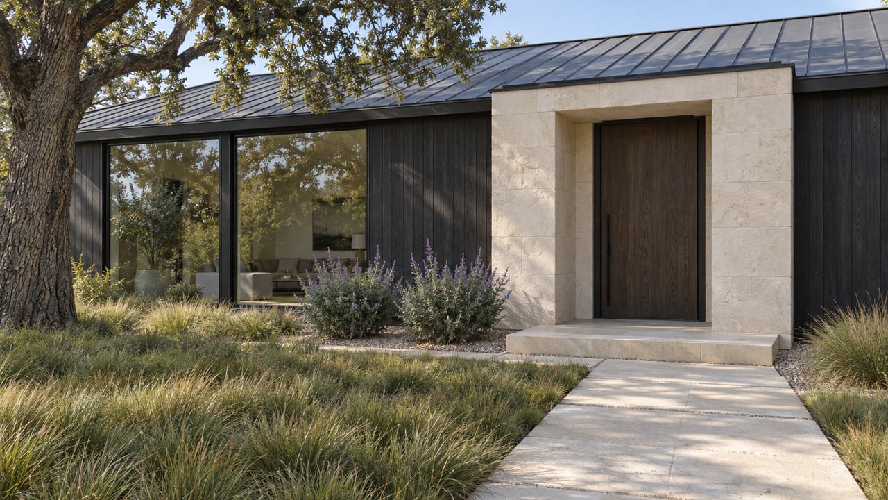 Established house with a limestone entry portal, dark wood siding and charcoal metal roof beyond a deep planted front garden.