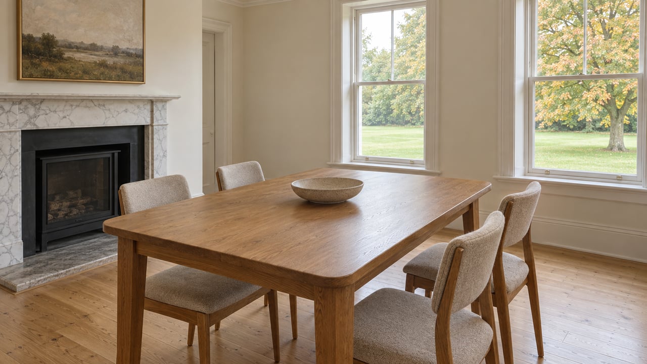 An oak dining table and four upholstered chairs in a sunlit room with a marble fireplace and tall windows overlooking autumn foliage.