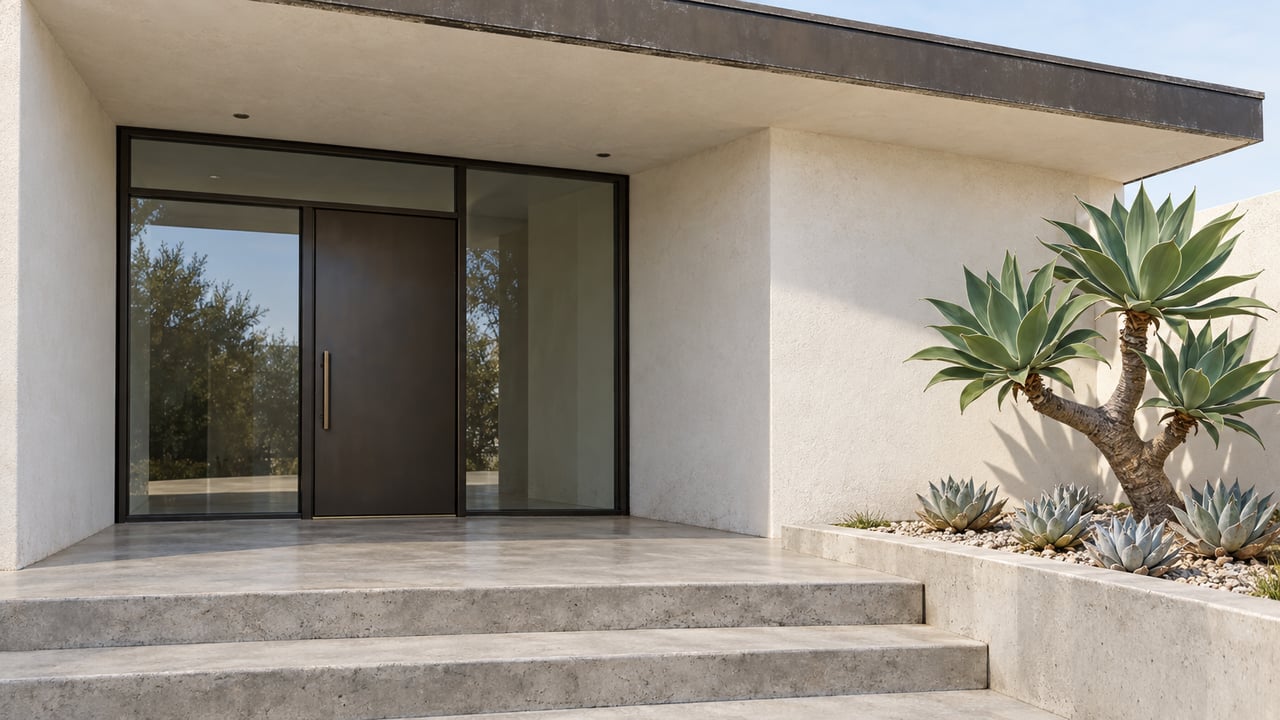 Sunlit contemporary home entry with warm-white stucco, bronze-framed glass, concrete steps and a sculptural agave in a raised gravel bed.