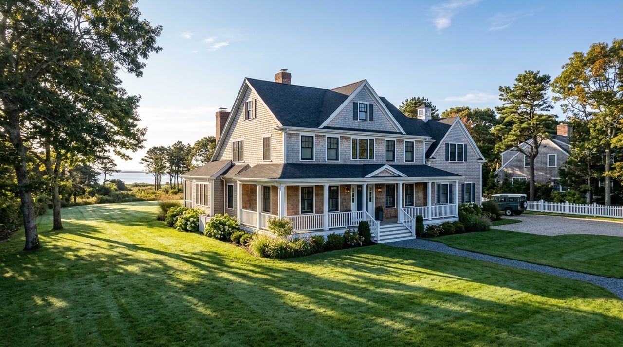 Two-story shingle-clad colonial with a fieldstone foundation, white pines, and hydrangeas across a broad lawn.