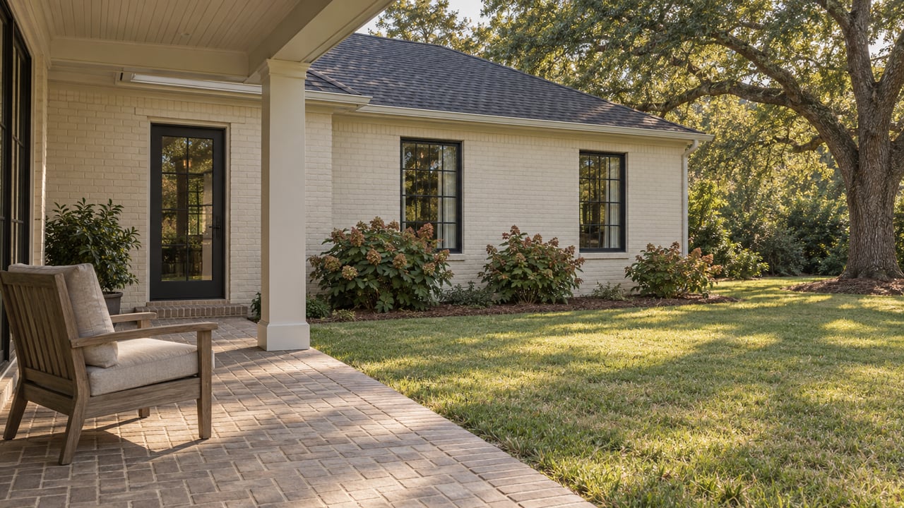 Covered brick porch beside an ivory painted-brick home, with tall black-framed windows, a teak chair and a sunlit lawn beneath a mature live oak.