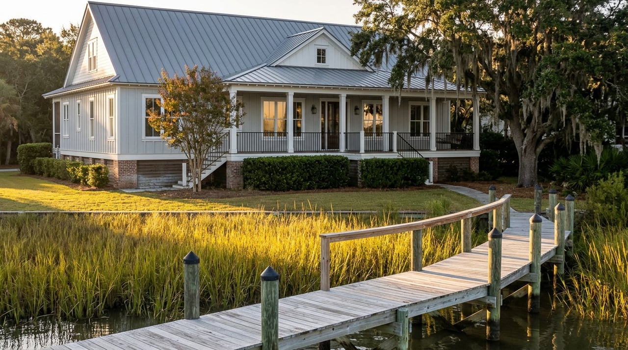 Raised coastal home with a metal roof beyond sunlit marsh grass, viewed from a weathered private dock.