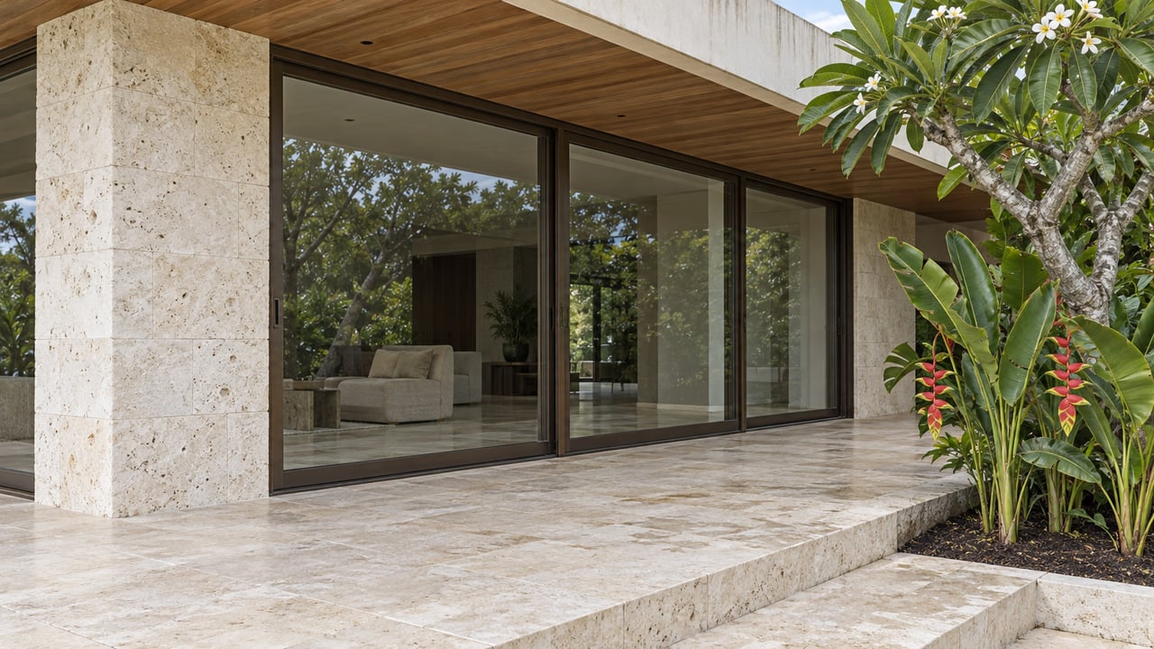 A shaded villa terrace with pale limestone paving, teak soffit, bronze-framed glass doors and a mature flowering tree beside a stone-edged planting bed.