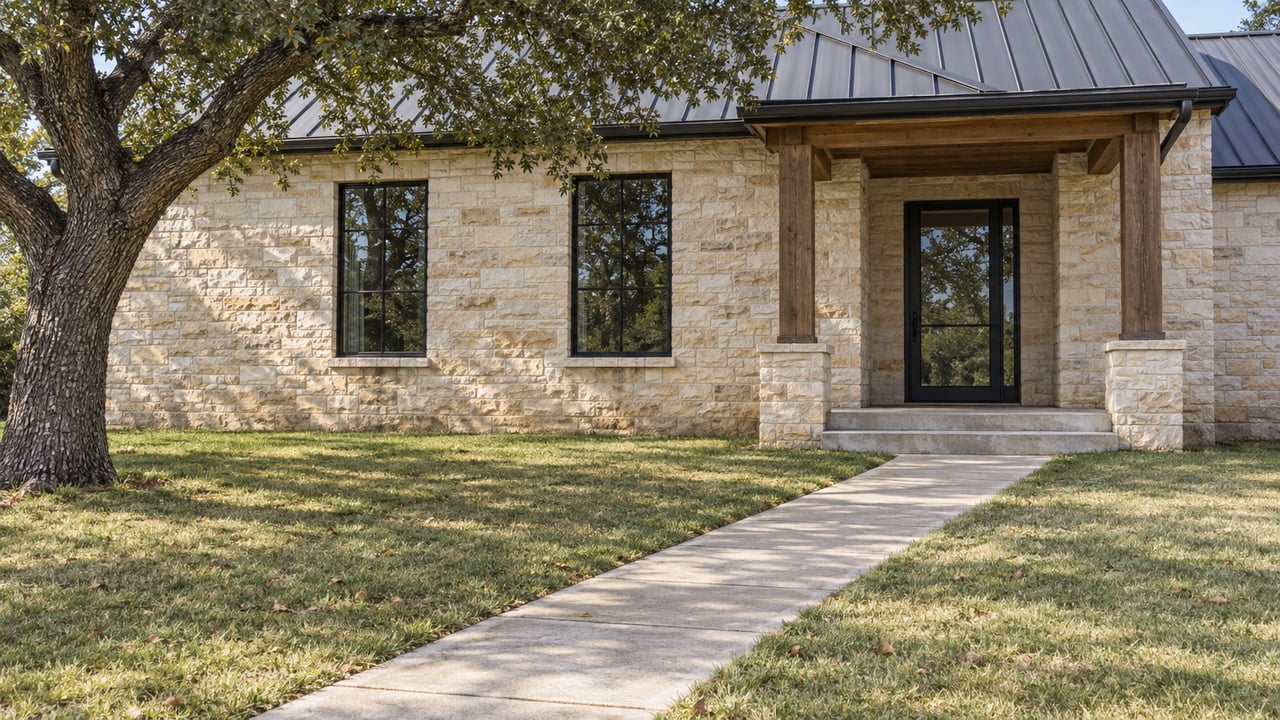 Limestone home with a charcoal metal roof, recessed timber porch and broad buffalo-grass lawn beneath a mature live oak.