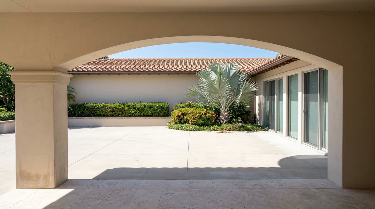 Stucco archway frames a sunlit motor court, with a silver-blue fan palm and orange-red flowers by glass doors.
