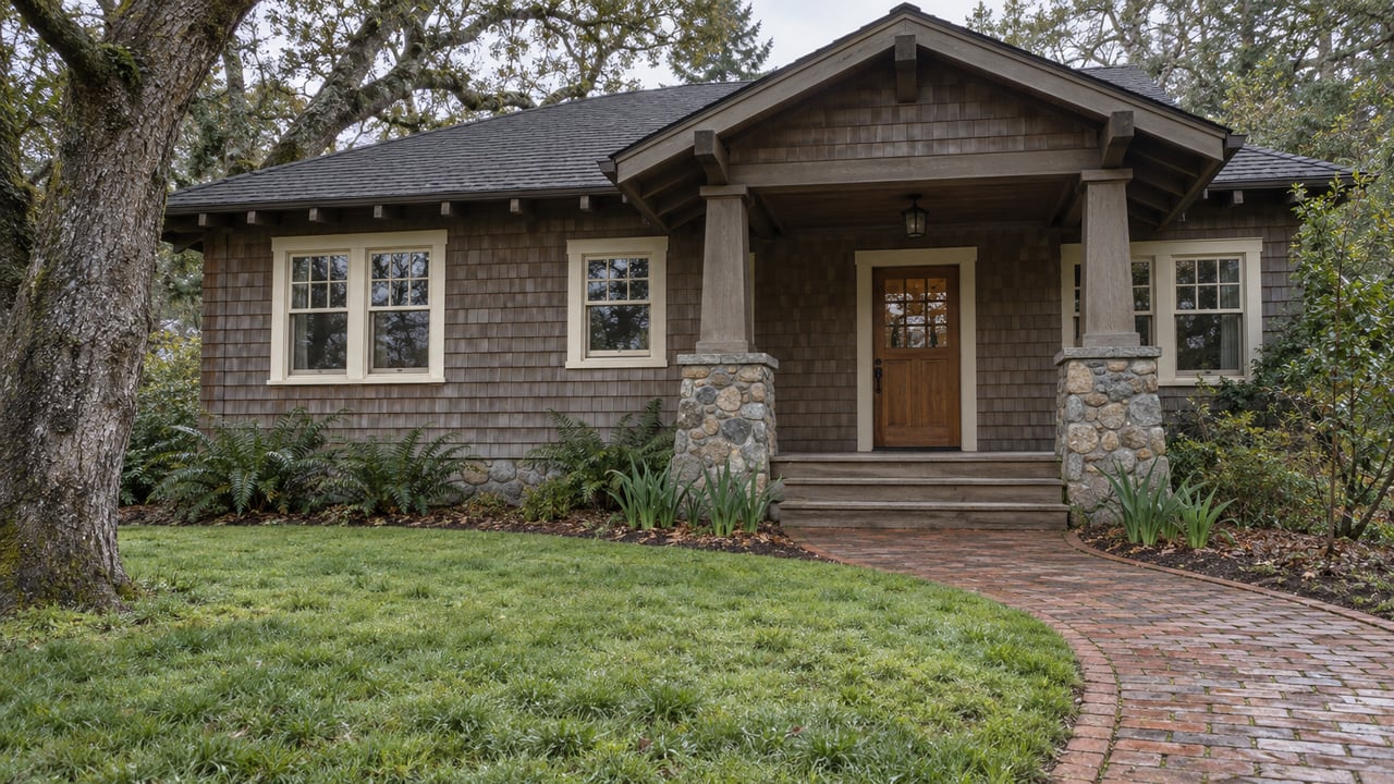 Weathered cedar-shingle home with a covered timber porch, brick garden path, winter lawn and a mature live oak.