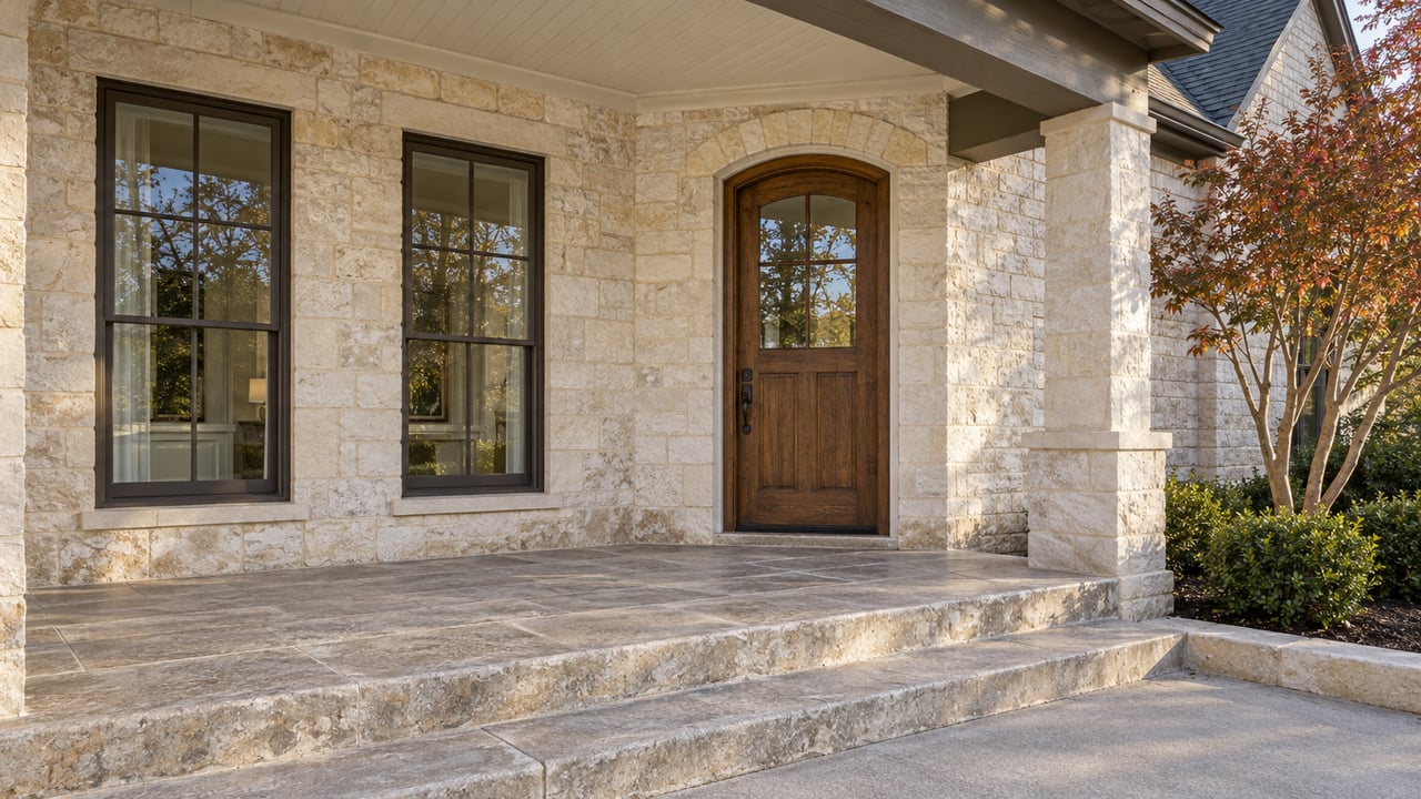 Sunlit limestone porch with an oak front door, bronze-framed windows, broad stone steps and a small autumn planting bed.