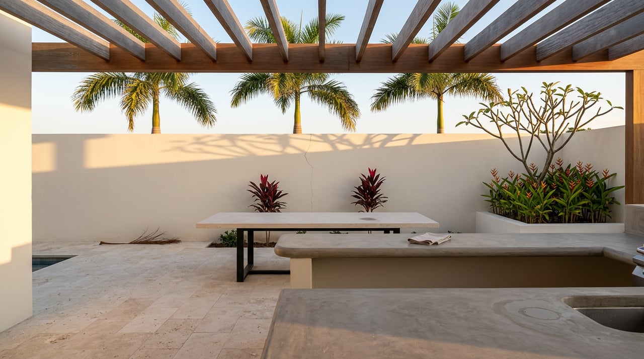 Outdoor dining terrace with a stone table beneath an ipe pergola, framed by plumeria, heliconia, and palm trees.