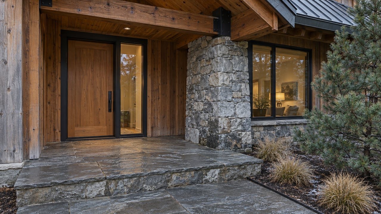 Sheltered cedar entry with a fir door, quartzite pier, slate landing and frost-touched planting beneath heavy timber eaves.
