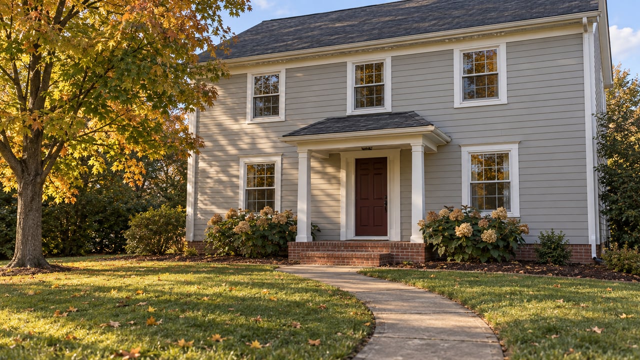 Traditional two-story clapboard home with a brick entry porch, deep green lawn and an amber-leaved maple in autumn afternoon light.