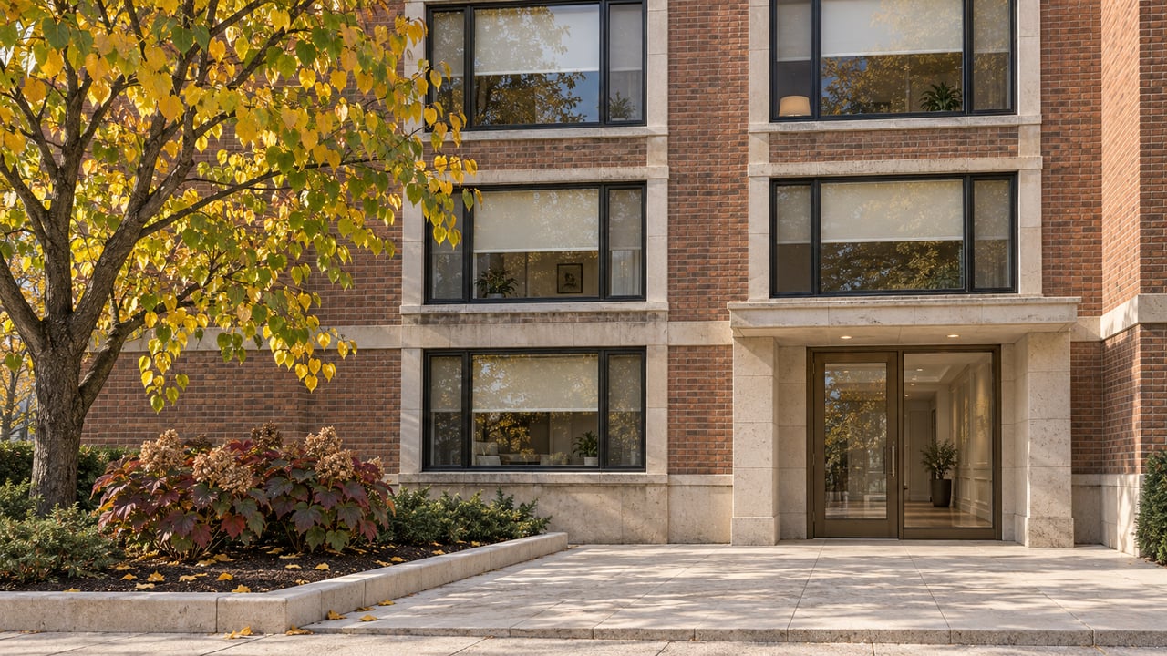 Brick and limestone residential facade with black-framed windows, a glazed entrance, and autumn redbud planting beside a stone approach.