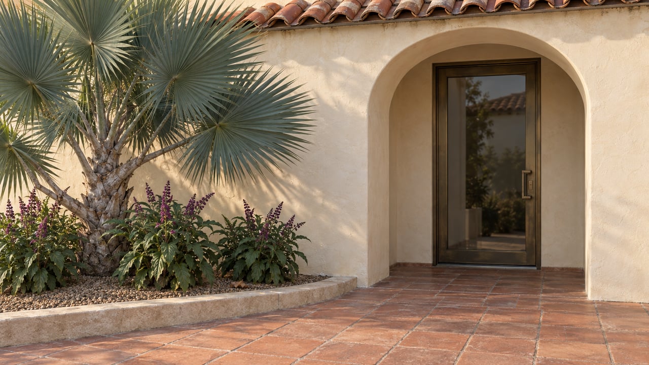 Sunlit terracotta terrace approaching a recessed glass front door beneath an ivory stucco arch, beside a sculptural fan aloe.