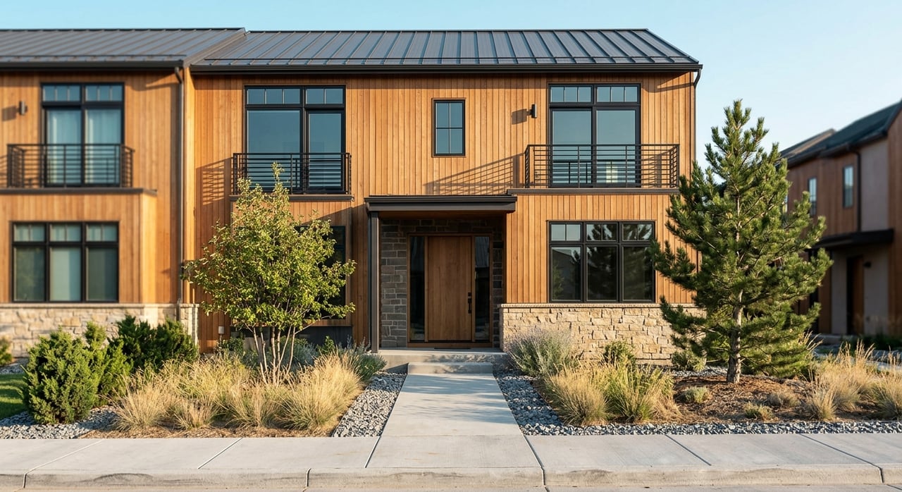 Attached townhome entry with tan stone, cedar cladding, black rails, and native grasses in gravel mulch.