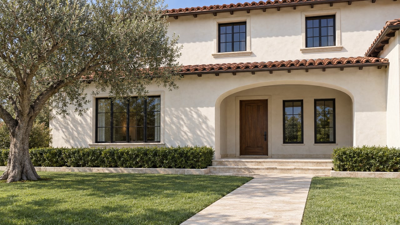 White stucco house with clay roof tiles, an arched entry, limestone walkway and a mature olive tree across a deep front lawn.