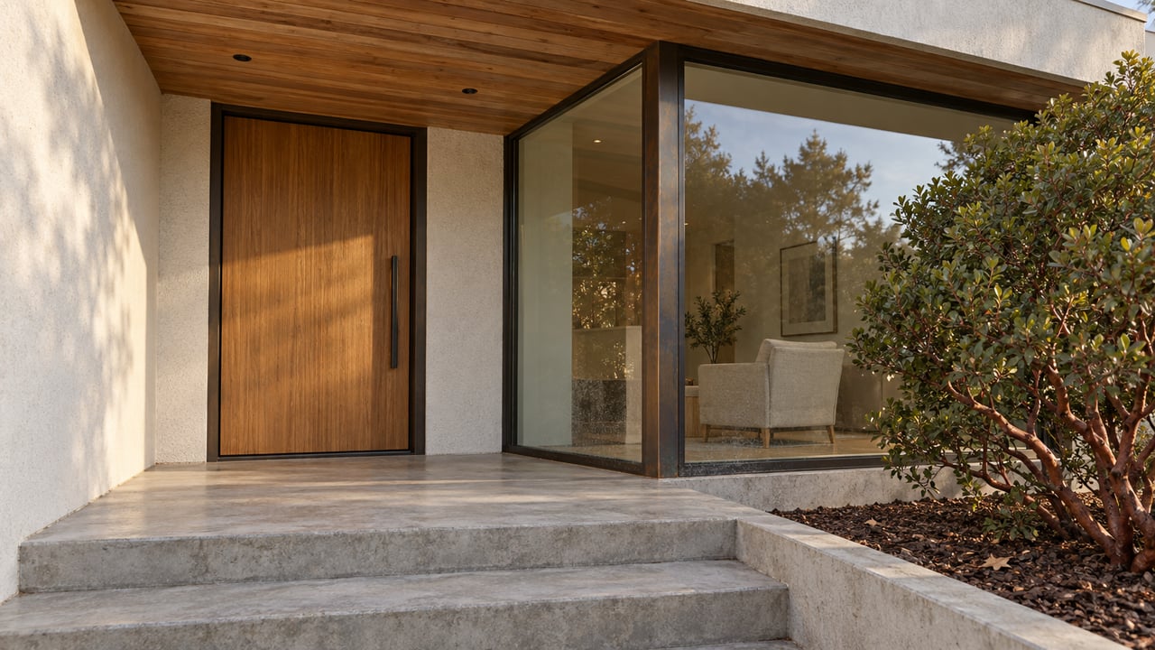Cedar entry and bronze-framed corner windows beneath a timber overhang, with concrete steps and a red-barked manzanita beside the landing.