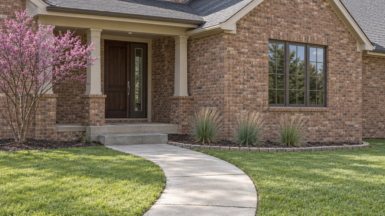 Russet-brick house with a covered entry, curved concrete walk, broad lawn, and small planted bed.