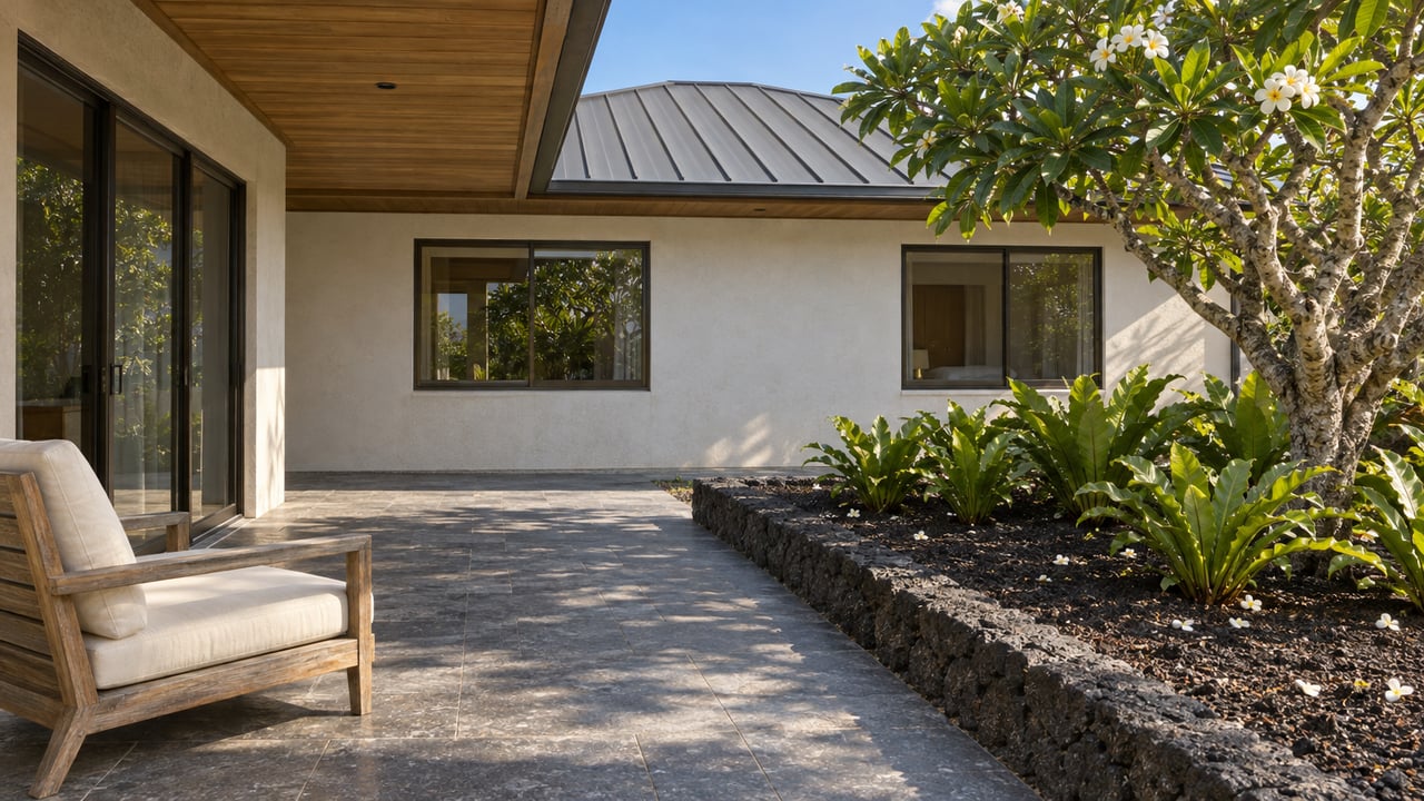 Sunlit pale stucco home beside a shaded basalt lanai, with bronze-framed glazing and a flowering plumeria in a raised lava-stone bed.