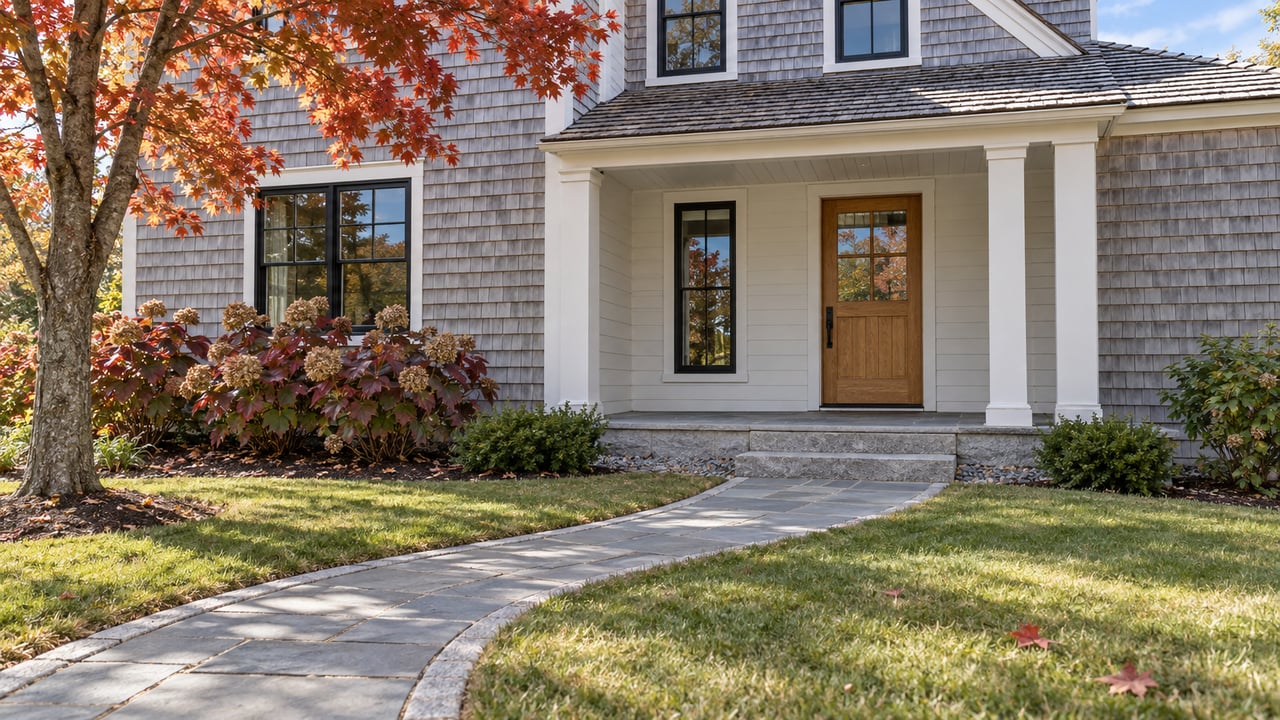 Silver-gray cedar-shingle home with a sheltered entry, bluestone walk and copper-red autumn maple foliage.