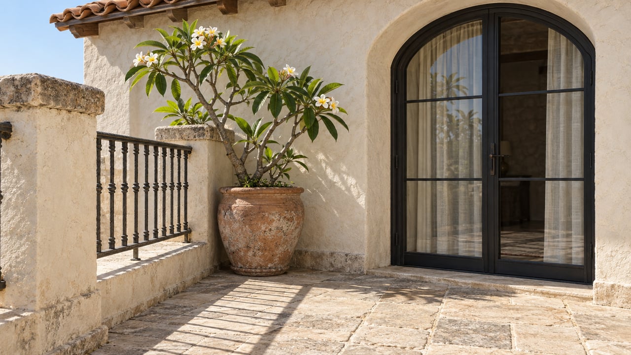 Terrace with limestone pavers, an iron balustrade, and a potted plumeria beside an arched glazed doorway.