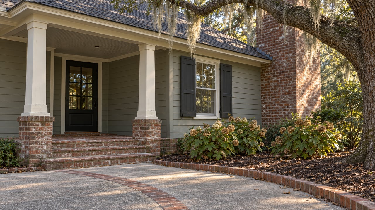 Gray-green lap-sided home with a deep brick porch, weathered chimney and mature oak canopy beside a curved drive.