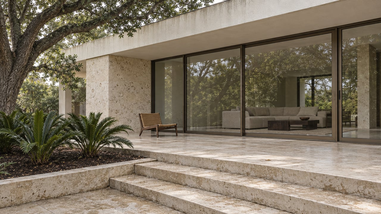 Raised limestone terrace beneath a deep flat overhang, with bronze-framed glass doors and a mature spreading oak beside the approach.