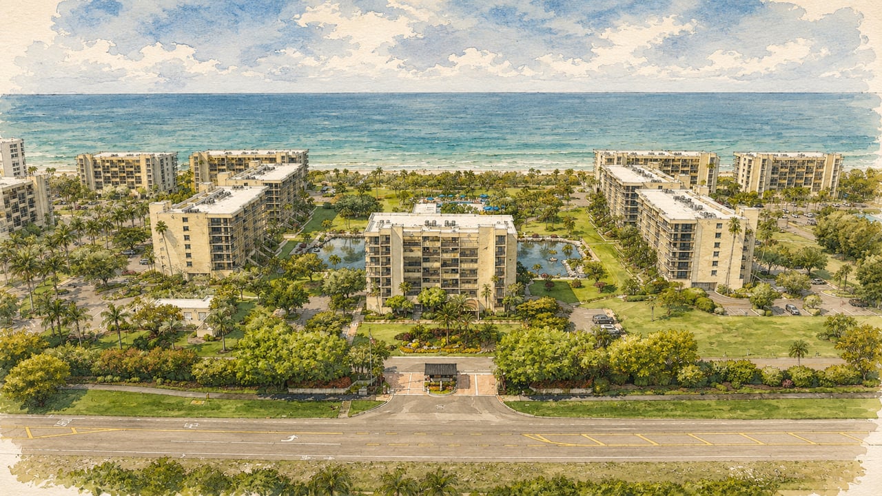 Aerial view of beachfront condominiums with landscaped grounds and pools beside the ocean.