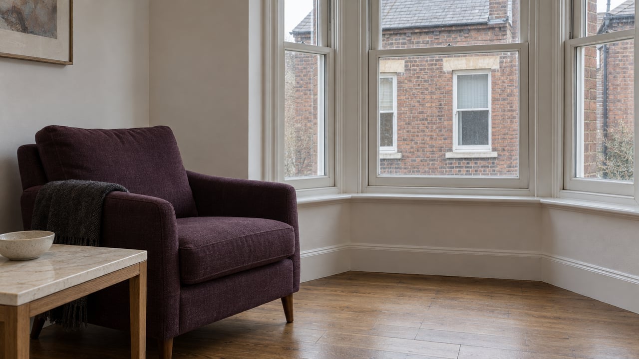 Plum wool armchair and stone-topped side table beside a closed bay window in a softly lit, updated living room.