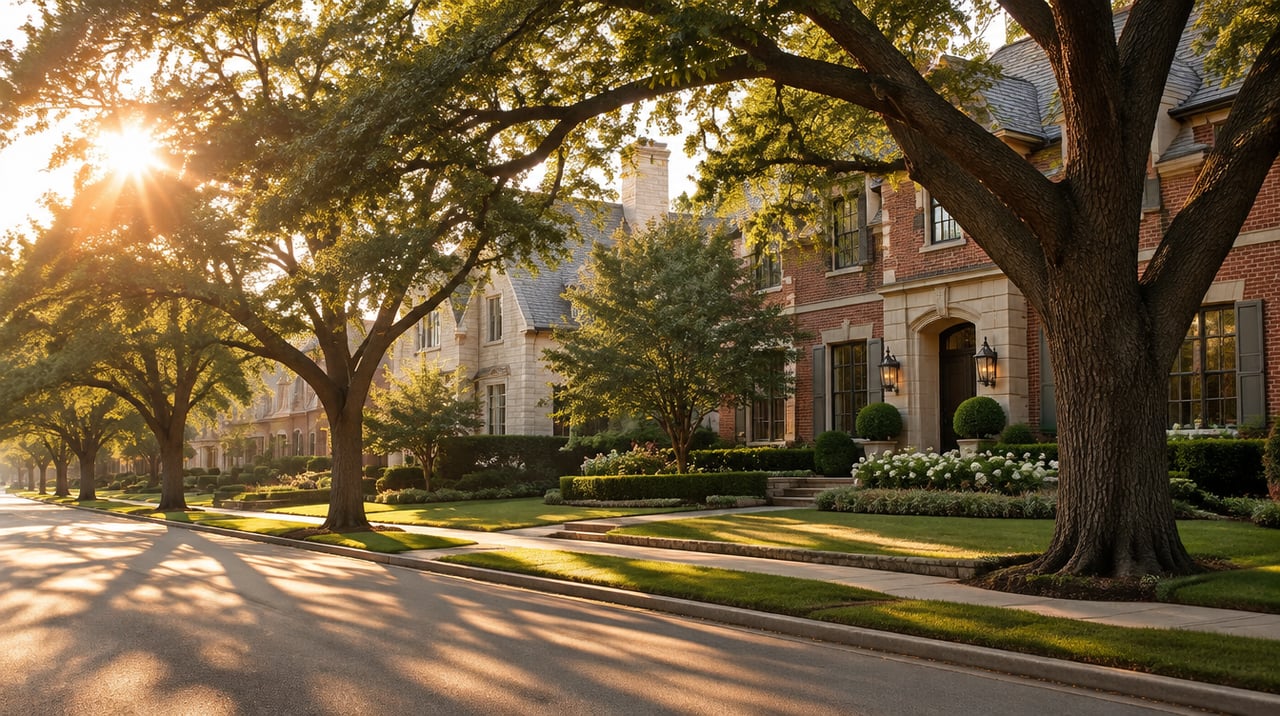 Morgan Stanley Dallas relocation: a tree-lined Park Cities street at golden hour - The Agency Dallas