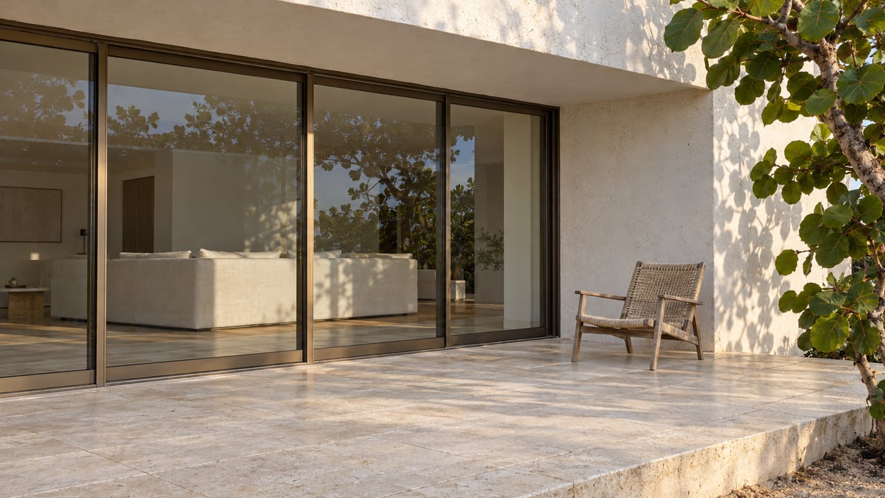 A shaded white-stucco residential terrace with bronze-framed sliding glass doors, pale limestone paving, a weathered teak chair and sea-grape leaves.