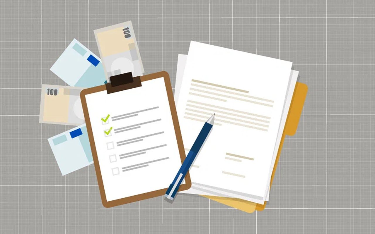 Loan application checklist, paperwork, pencil, and banknotes