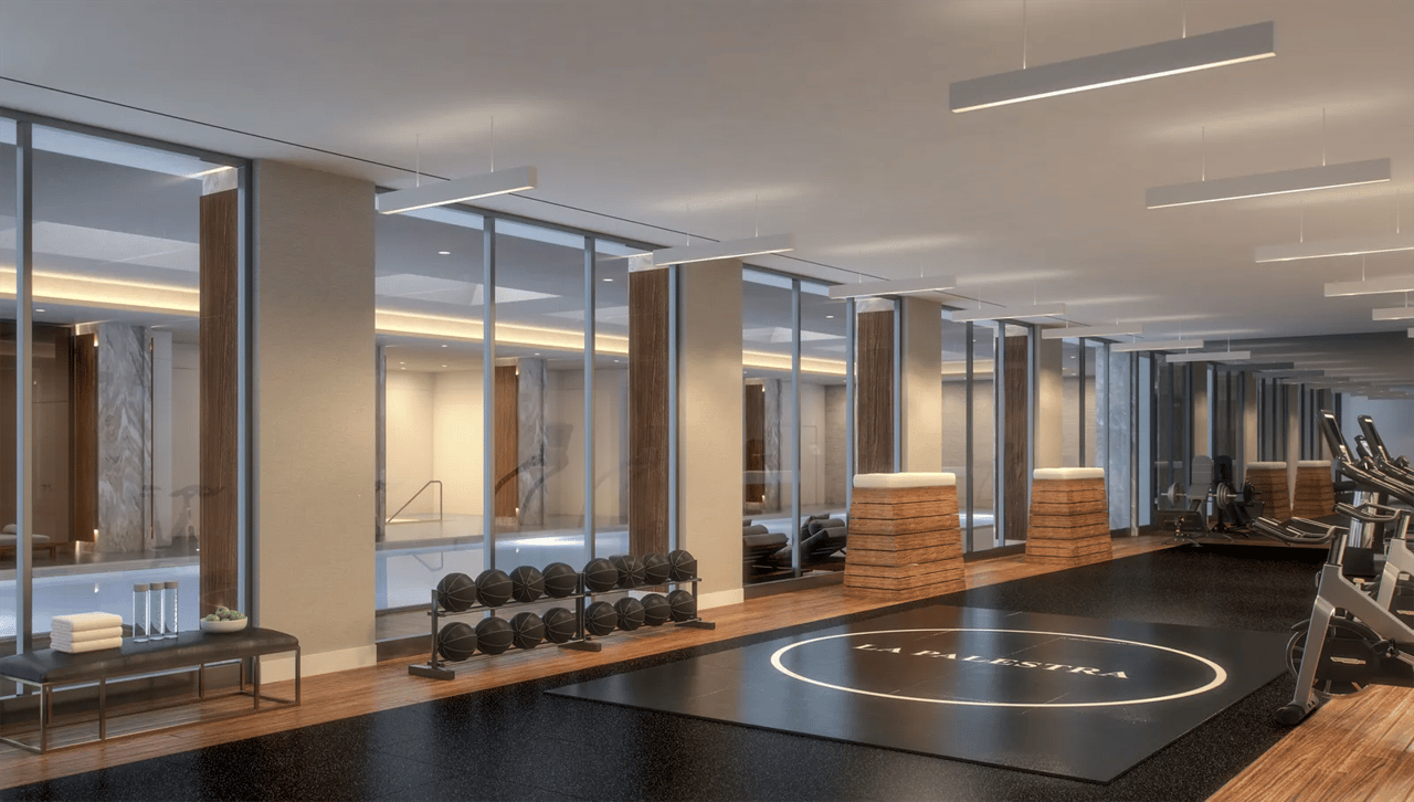Residential fitness center with a black training mat, free weights, and glass partitions.