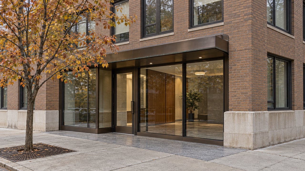 Brown-brick apartment entrance with bronze-framed glazing, limestone base, and an autumn serviceberry beside the sidewalk.